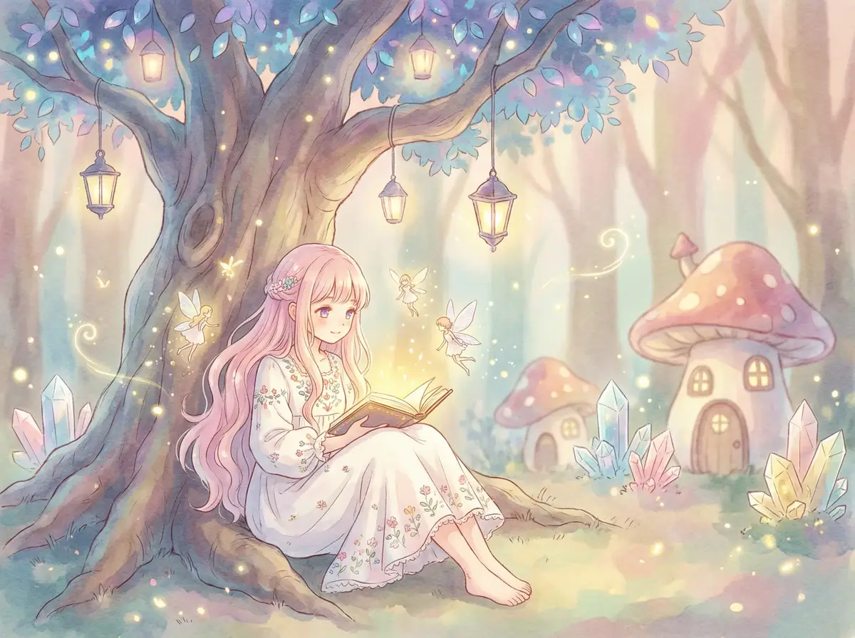 桃子视频 - 魔法森林中阅读故事书的粉发少女与精灵